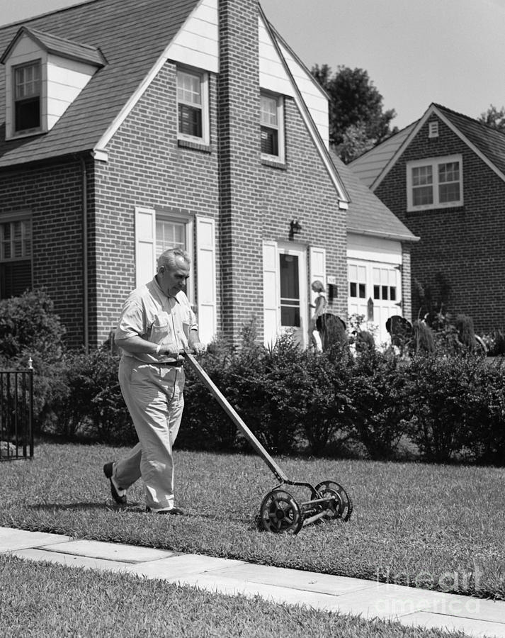 Older Man Mowing Lawn, C.1940-50s Photograph by H. Armstrong Roberts/ClassicStock