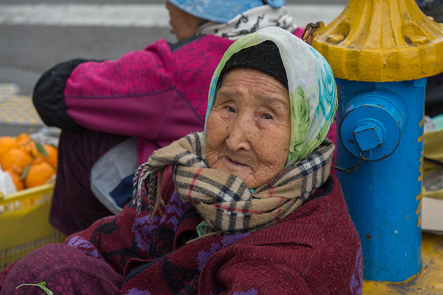 Elderly Street Vendor, Dongmun Public Market, Jeju Korea Pyrography by Judith Barath