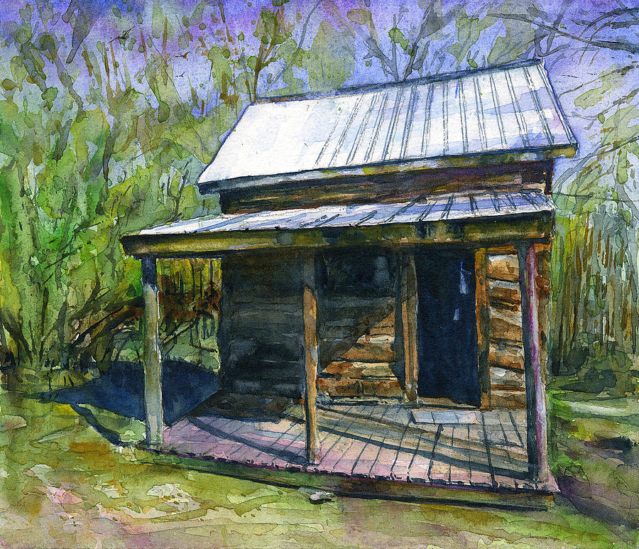 Cabin Painting - Olive Green Cabin by John D Benson