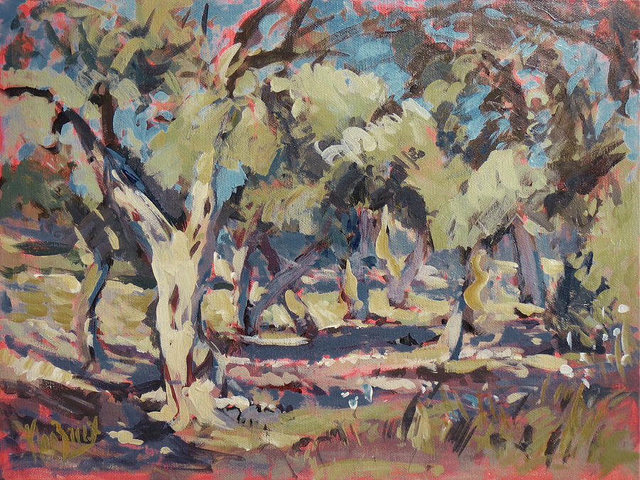 Olive grove along Marmari Beach Paxos Painting by Nop Briex