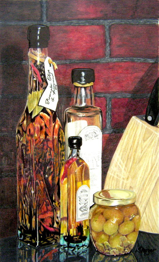 Still Life Drawing - Olive Oil Bottles by Susan Moyer