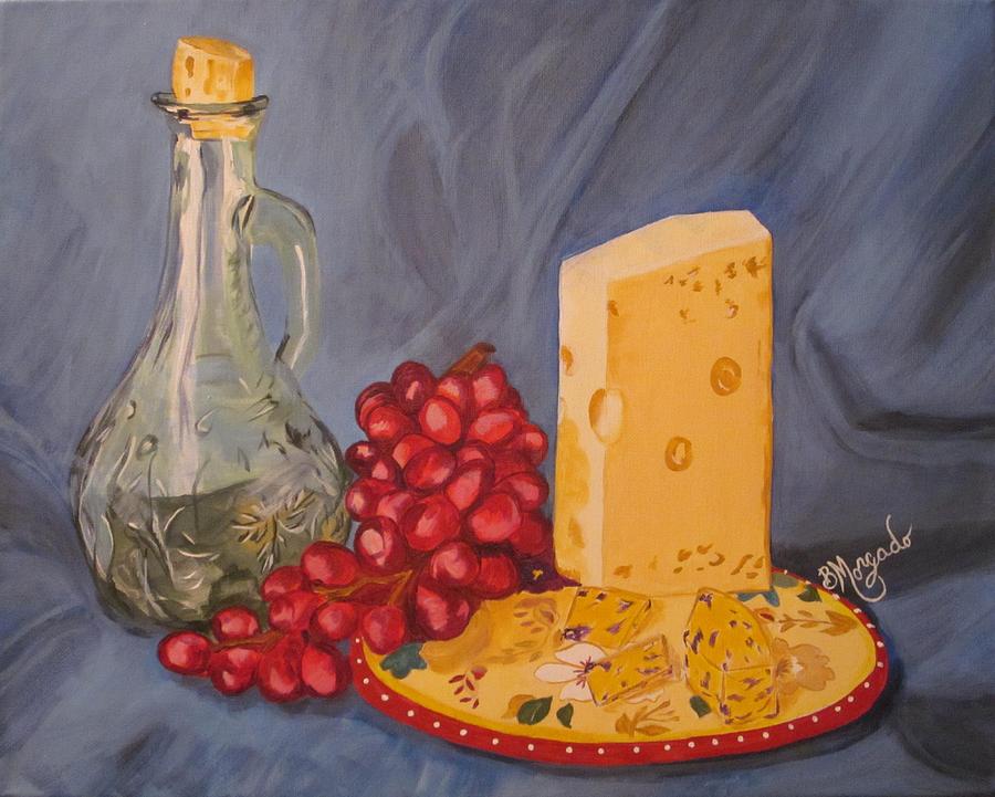 Olive Oil Grapes And Cheese Painting by Brenda Morgado