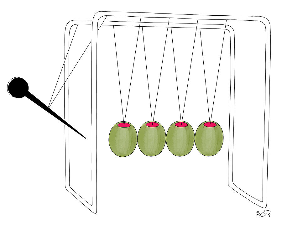 Olives and Toothpick on Newtons Cradle Drawing by Seth Fleishman
