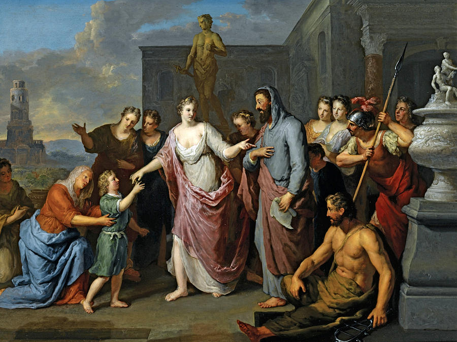 Olympia presenting the young Alexander the Great to Aristotle Painting by Gerard Hoet