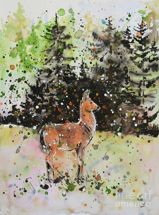 Black-tailed deer in the Hurricane Ridge Painting by Zaira Dzhaubaeva