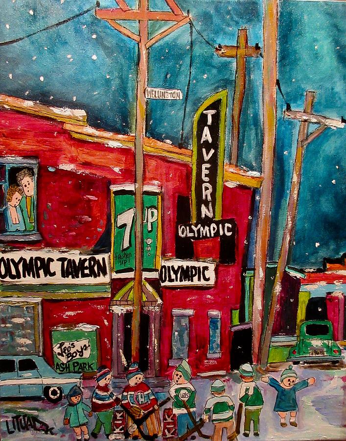 Olympic Tavern and Hockey Painting by Michael Litvack