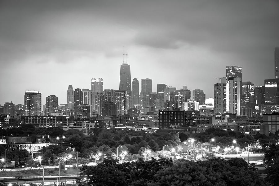 Chicago Skyline Photograph - Ominous Skies Over Chicago City Skyline - BW by Gregory Ballos
