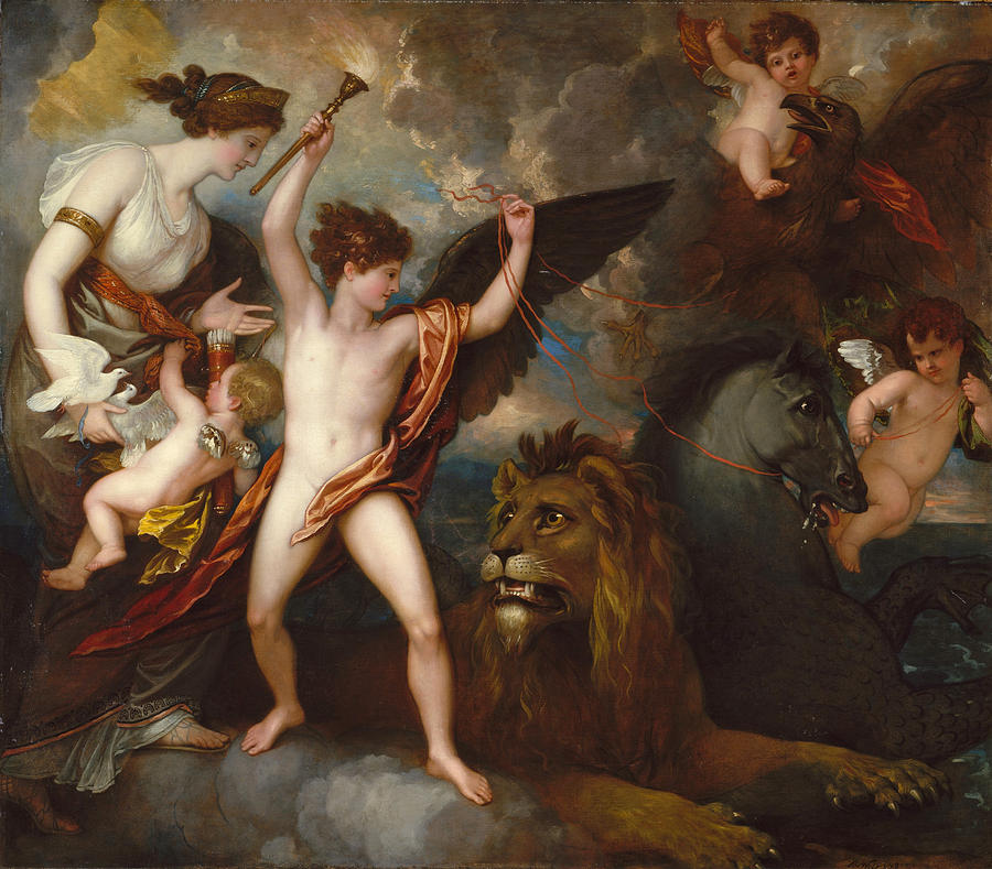 Omnia Vincit Amor or The Power of Love in the Three Elements Painting by Benjamin West