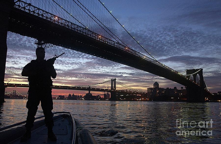 On duty by brooklyn bridge New York Painting by Celestial Images
