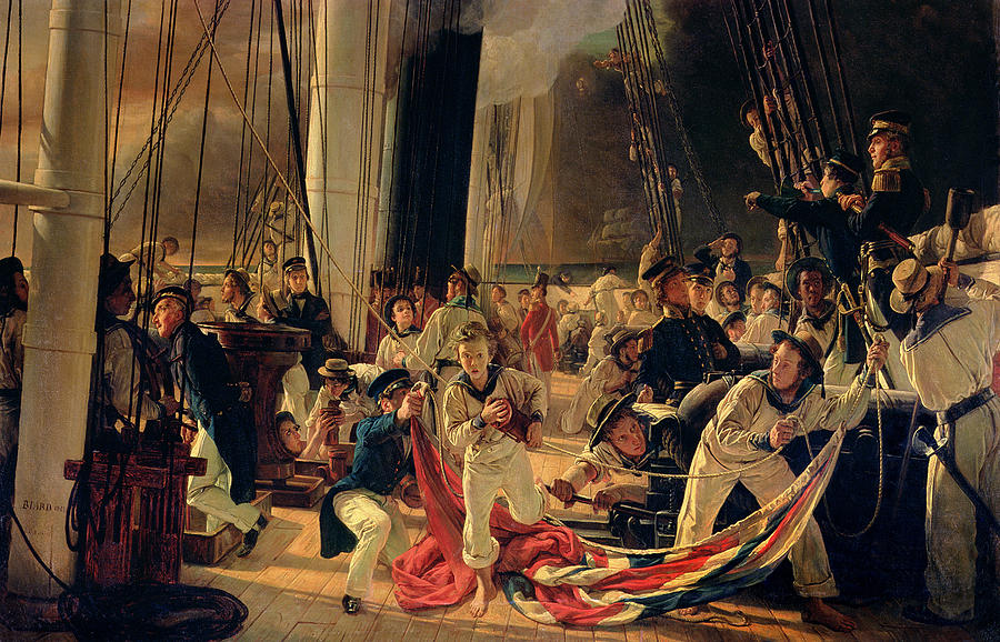 On the deck during a sea battle Painting by Francois Auguste Biard