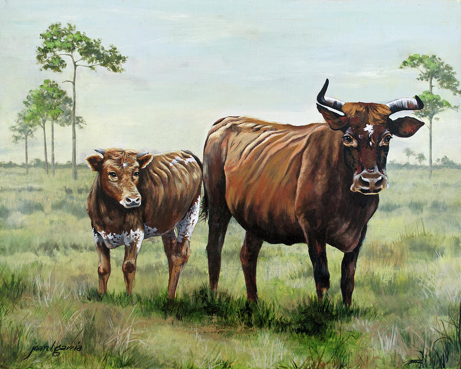 On The Florida Prairie Cracker Cattle Painting by Joan Garcia