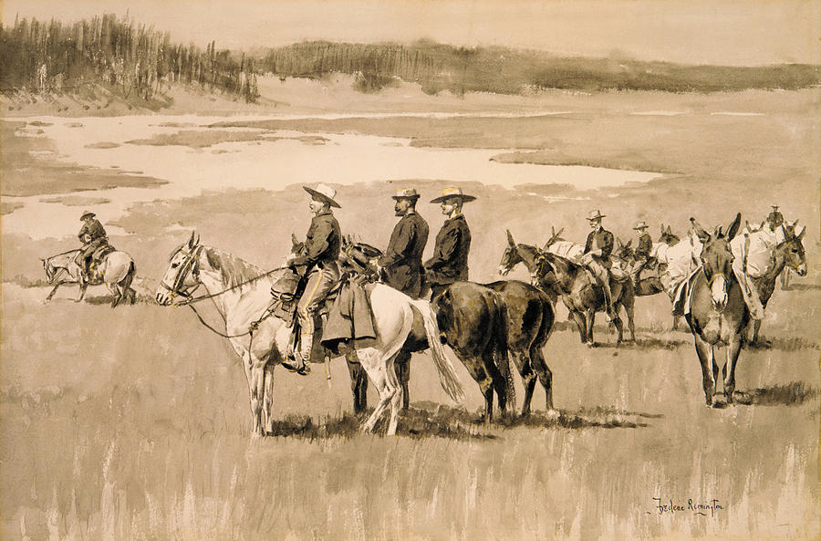 On the Head-Waters. Burgess Finding a Ford Drawing by Frederic Remington