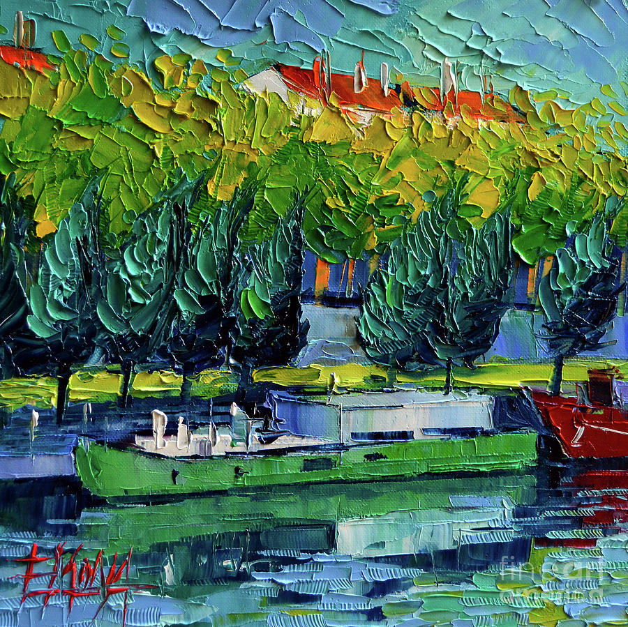 ONE BARGE ON THE RHONE RIVER - impasto palette knife oil painting Painting by Mona Edulesco
