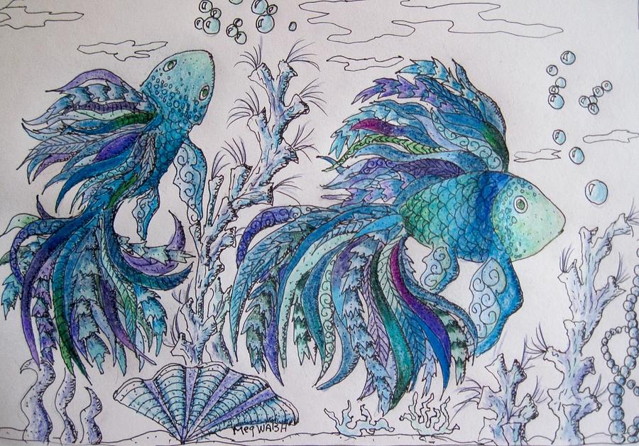Fish Drawing - One fish, two fish, lilac green and blue fish by Megan Walsh
