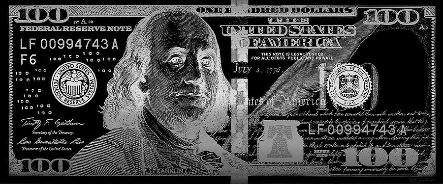 One Hundred US Dollar Bill - $100 USD in Silver on Black Digital Art by Serge Averbukh