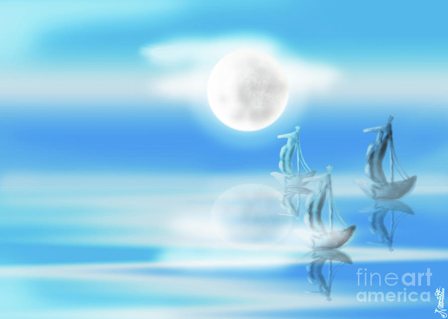 Surrealism Painting - One Moon Light sea by Pixel Artist