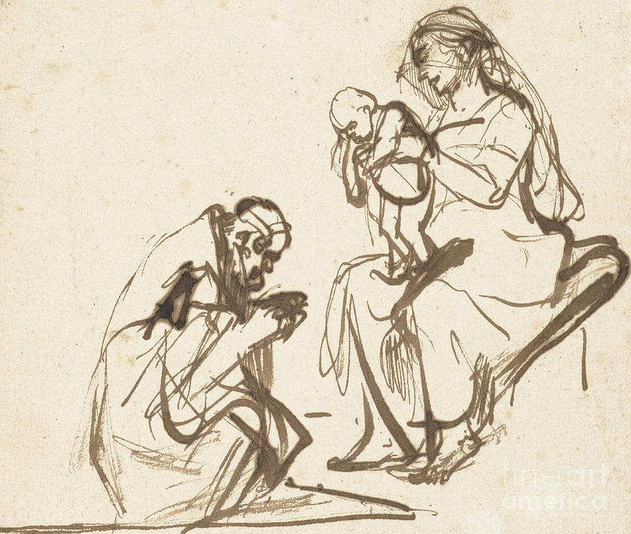 Rembrandt Drawing - One of the Three Kings Adoring the Virgin and Child by Rembrandt