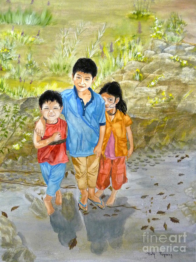 Onion Farm Children Bali Indonesia Painting by Melly Terpening