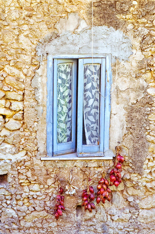 Curtain Photograph - Onions and garlic on window by Silvia Ganora