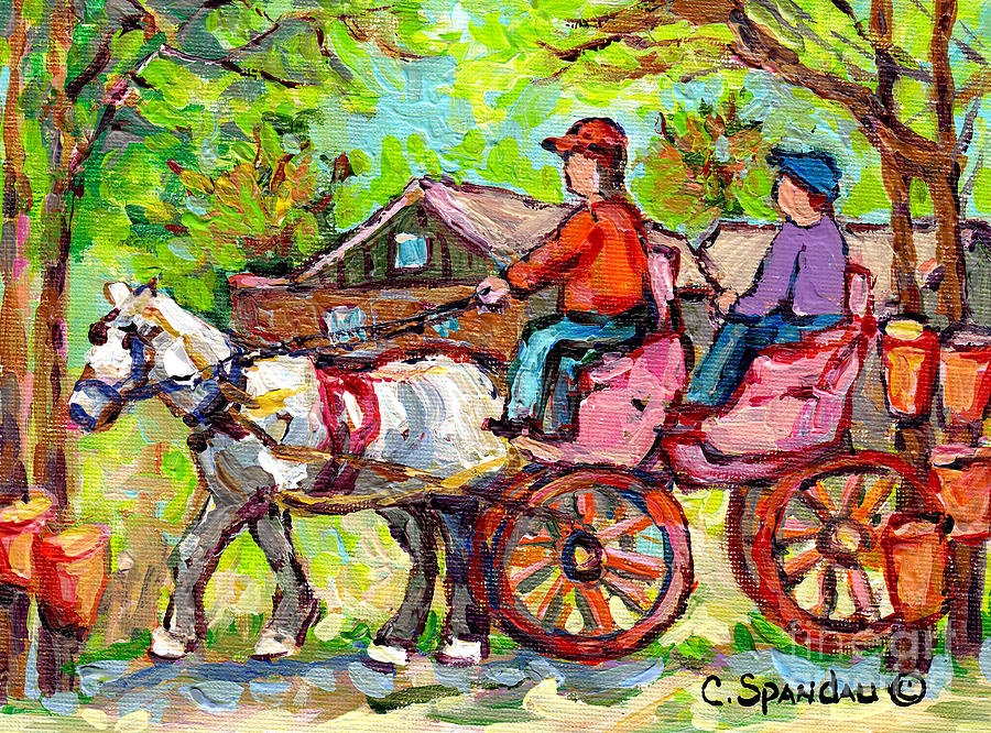 Ontario Sugar Shack Canadian Landscape Painting Wagon Ride White Horse Spring Countryscene C Spandau Painting by Carole Spandau
