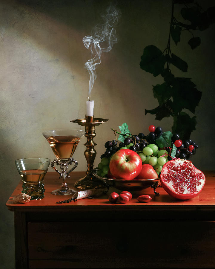 Ontbijtje with Pommegranate-Candle-Glassware and Fruits Photograph by Levin Rodriguez