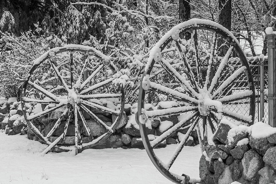 OO Wagon Wheels Black and White Photograph by Scott Campbell