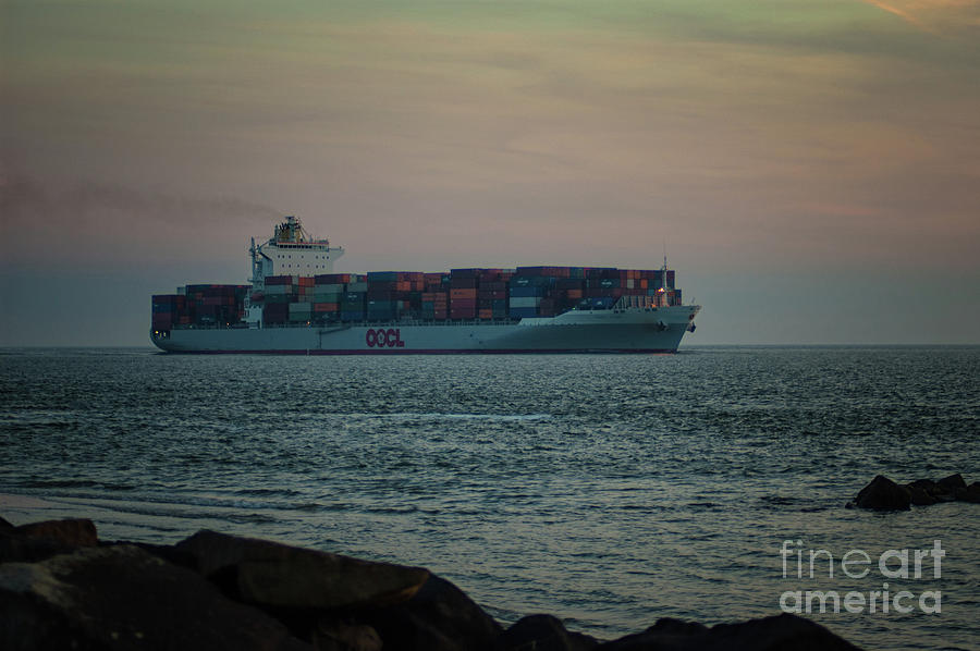 Oocl Kobe Freighter Steaming Into Charleston Harbor Photograph