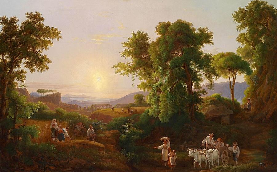 Open Arcadian Landscape with Peasants Painting by MotionAge Designs