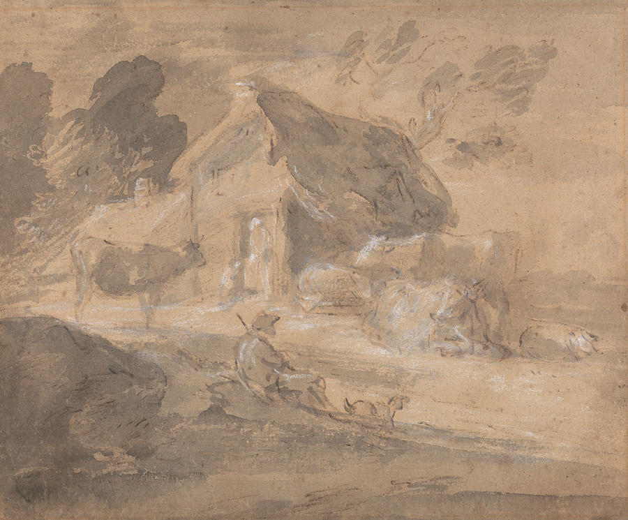 Open Landscape with Figures Cows and Cottage Painting by Thomas Gainsborough
