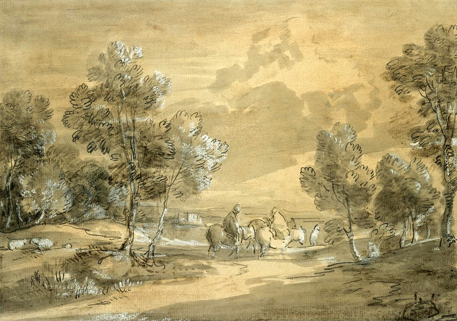Open Landscape with Travellers on a Road Drawing by Thomas Gainsborough