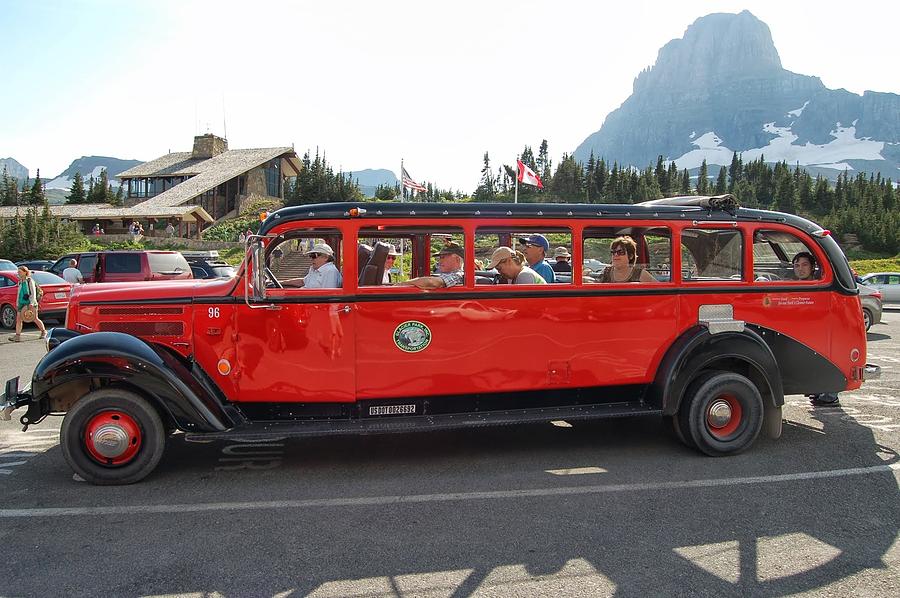 Open Top Red Bus Glacier National Park Photograph by Cary Knox | Fine ...