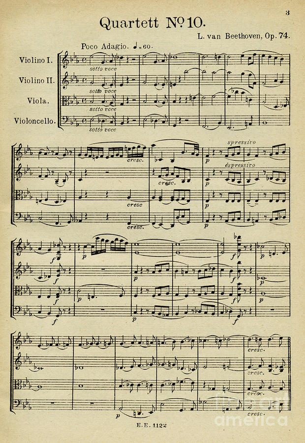 Opening page of score for String Quartet No. 10 in E flat major for Harp, Opus 74 Drawing by Ludwig van Beethoven