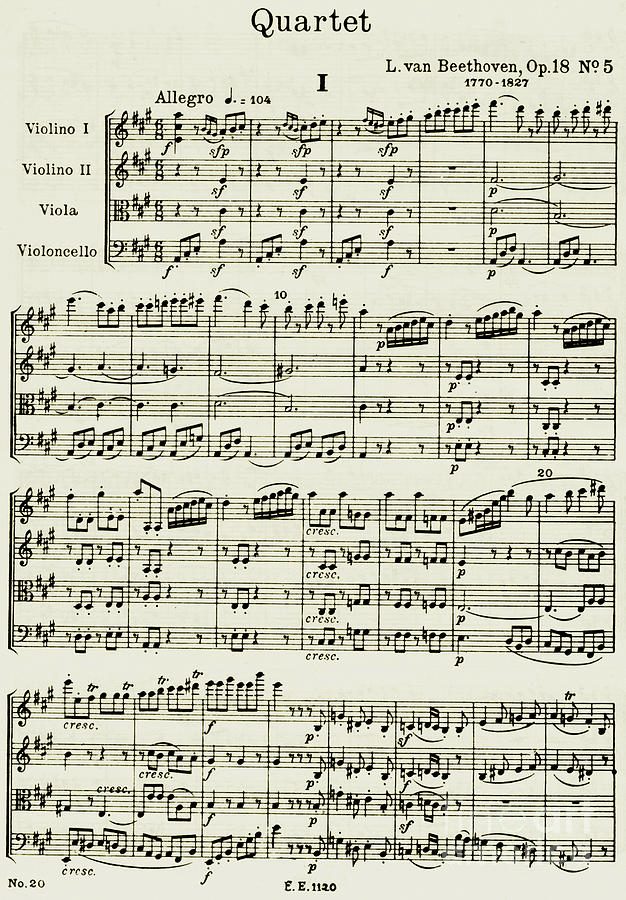 Opening page of score for String Quartet Number 5 in A major Drawing by Ludwig van Beethoven
