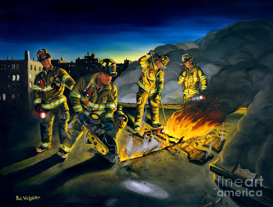 Firefighters In Action Painting - Opening Up by Paul Walsh
