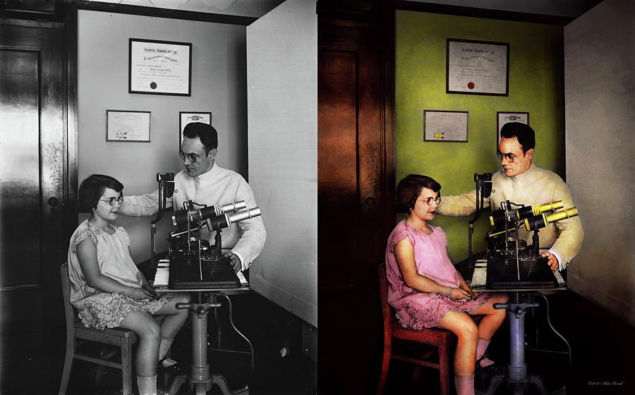 Optometrist - The eye exam 1929 - Side by Side Photograph by Mike Savad