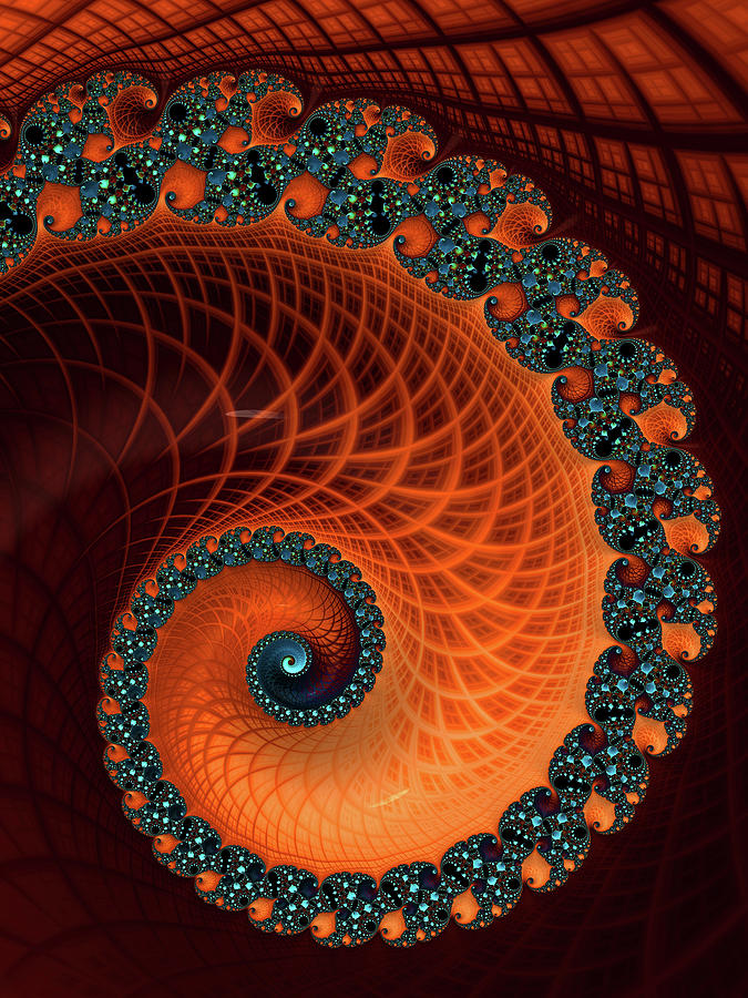 Abstract Digital Art - Orange and aqua spiral by Matthias Hauser