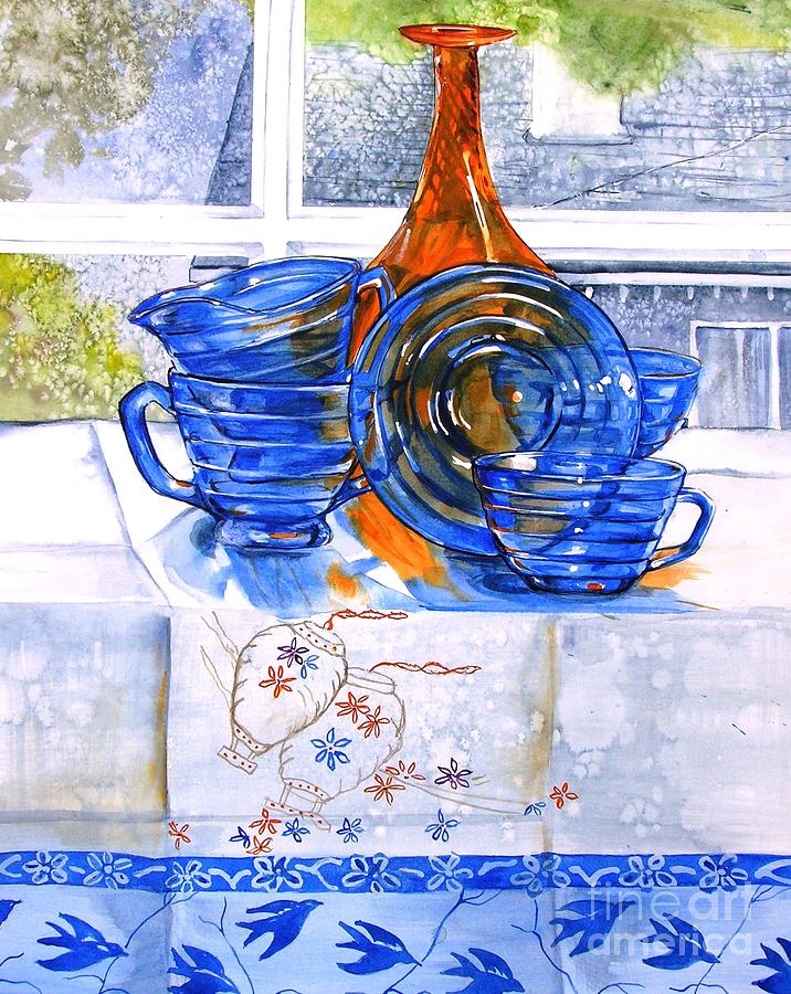 Orange and Blue Glass Painting by Jane Loveall