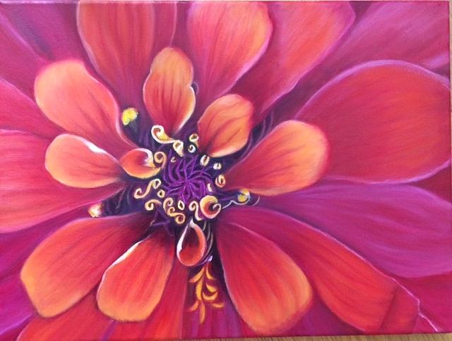 Orange and Purple Dalhia Painting by Jeannette Tramontano