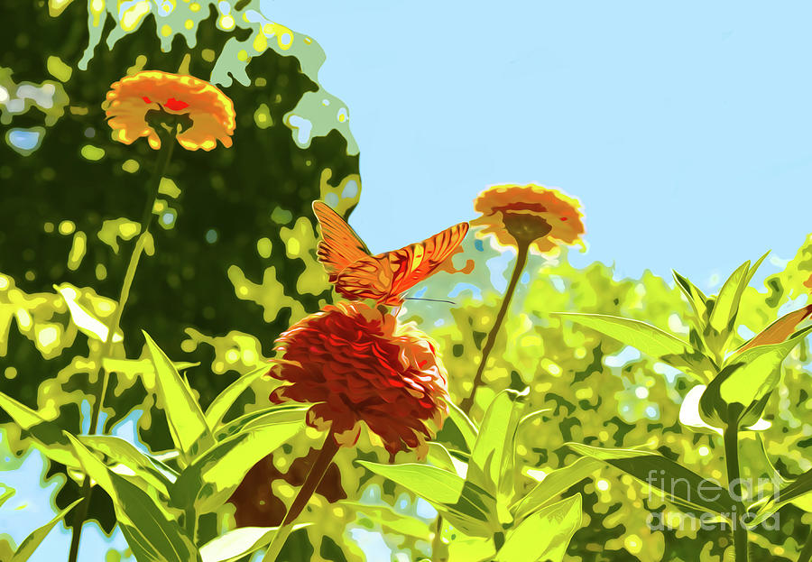 Blue Sky Digital Art - Orange butterfly on Zinnia on Sunny Day by Susan Vineyard
