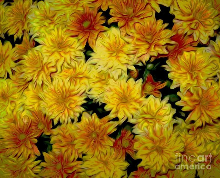Orange Chrysanthemums Chinese Lantern Smudge Effect Mixed Media by Rose Santuci-Sofranko