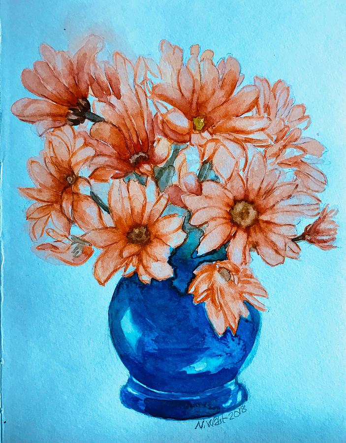 Orange Daisies Blue Background by Nancy Wait Orange Daisies Blue Background by Nancy Wait