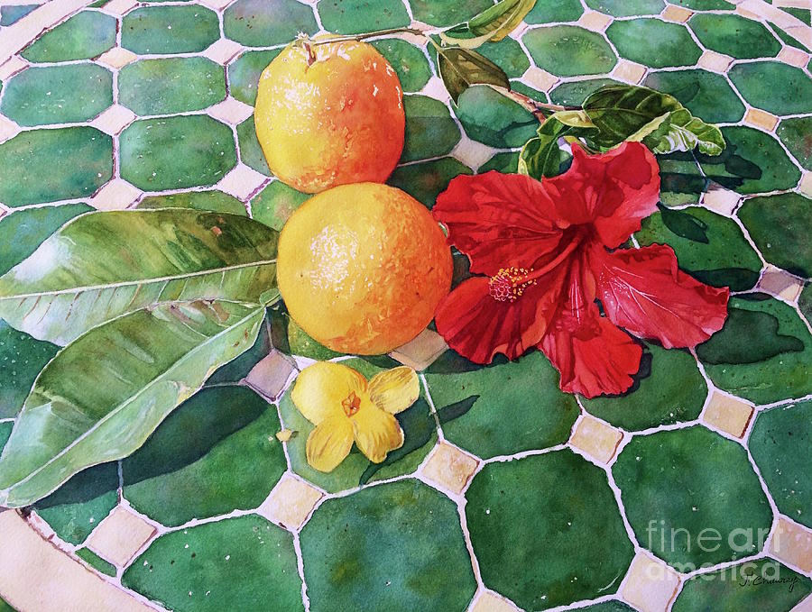 Orange et Hibiscus Painting by Francoise Chauray