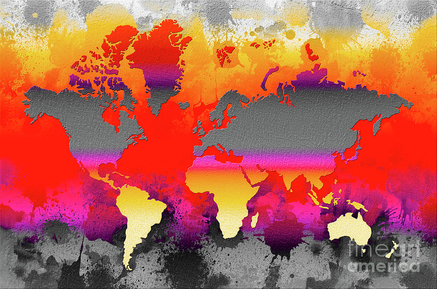 Orange Glow World Map Digital Art by Zaira Dzhaubaeva
