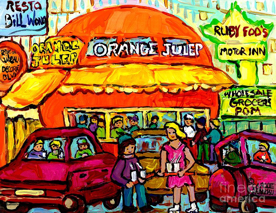 Orange Julep Fast Food Restaurant Decarie Skyline Canadian Painting For Sale Carole Spandau          Painting by Carole Spandau