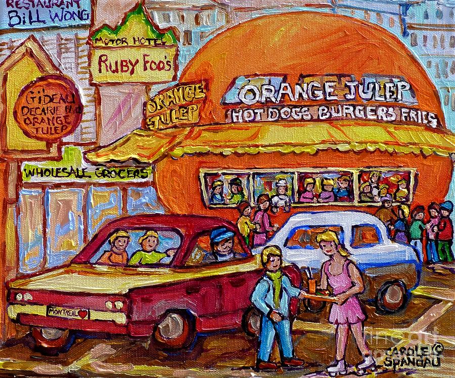 Orange Julep On Decarie Bill Wong Ruby Foos Colorful City Scene Original Painting Montreal Memories Painting by Carole Spandau