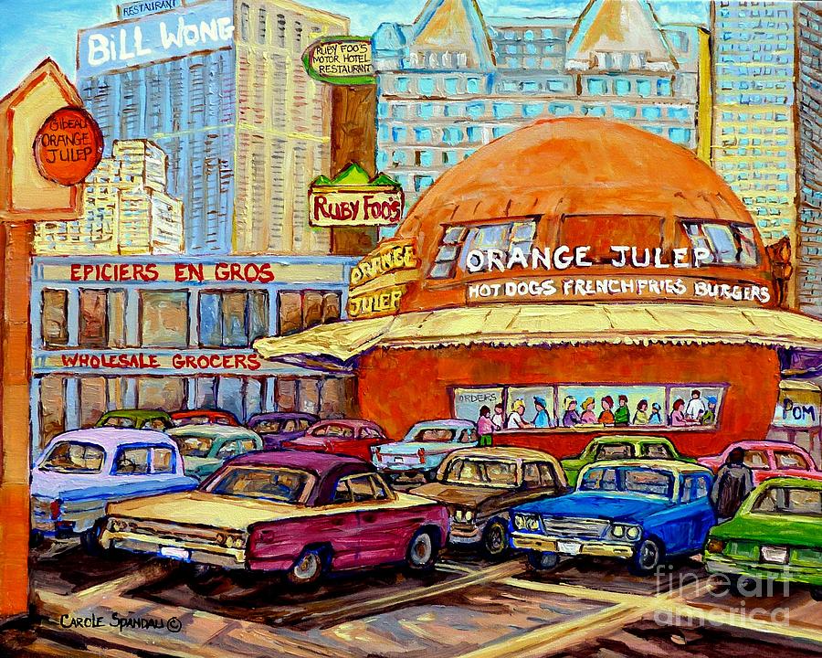 Orange Julep Painting Decarie Blvd Skyline Ruby Foos Bill Wongs Montreal Memories 60s Cars  Painting by Carole Spandau