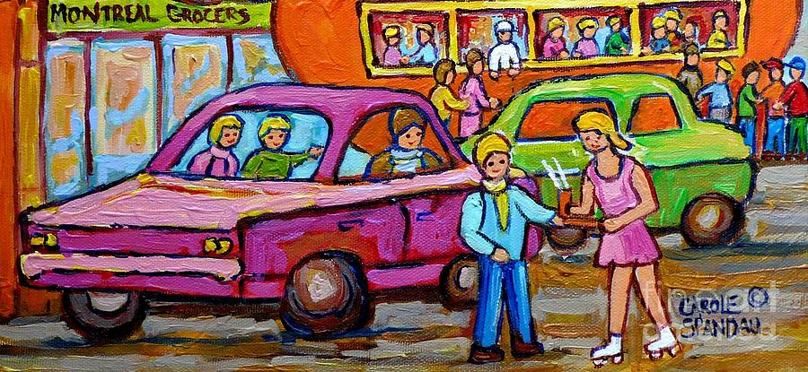 Orange Julep Roadside Attraction Fast Food Drive-in Diner Car Service Skater Girl C Spandau Montreal Painting by Carole Spandau