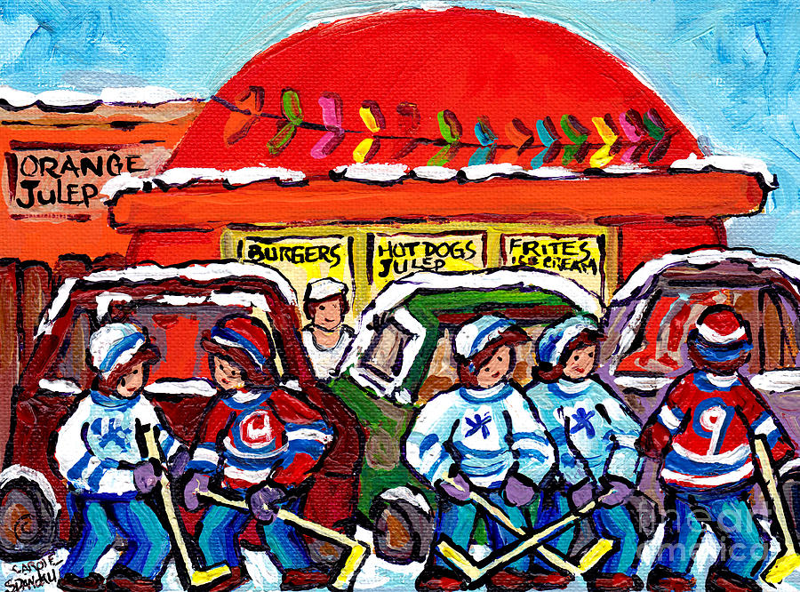 Orange Julep Drive In Montreal Winter City Scene Painting Hockey Art Canadian Artist Carole Spandau  Painting by Carole Spandau