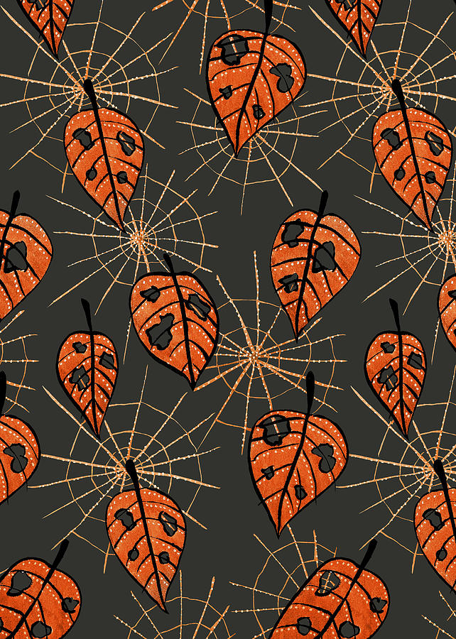 Orange Leaves With Holes And Spiderwebs Drawing by Boriana Giormova
