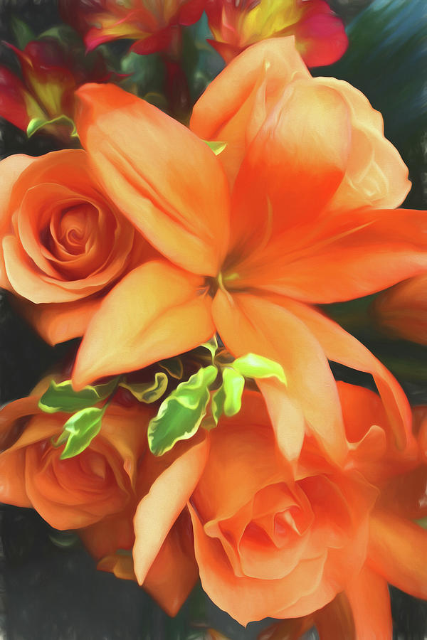 Lily Photograph - Orange Lily Orange Roses Painterly by Mary Bedy